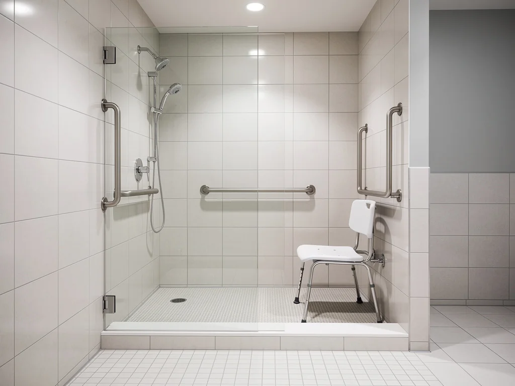 Salle de bain sénior équipée de barres de maintien et d'un siège de douche rabattable